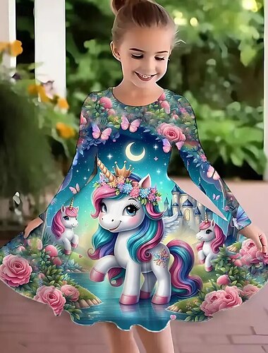 Pigers 3D enhjørning Kjole Langærmet Sommer Forår Ferierejse Daglig Ferie Prinsesse Smuk Sød Børn 4-12 år Hverdagskjole A Linje Kjole Knælang Regulær