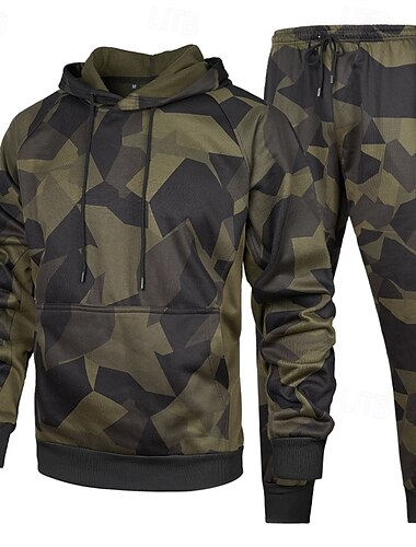  Homme Ensemble Survetement Ensemble de tenues Ensemble de sweats à capuche Sweat à Capuche Extérieur Quotidien Sports Avec Poches Cordon de serrage Camouflage Bleu Kaki Vert Véronèse Imprimé Graphique