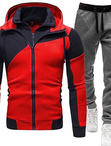  Per uomo Tuta da Ginnastica Set di abiti Set di felpe con cappuccio Felpa con Cappuccio All'aperto Quotidiano Sportivo Con zip Tasca Coulisse Blocco di colori Nero Bianco Rosso Poliestere