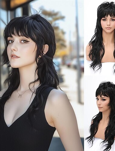  80s 90s Retro Black Mullet Wigs Pixie Cut Wigs with Bangs for Women Wolf Cut Wig Middle Part Black Synthetic Heat Resistant Fiber Costumes Cosplay Hair Wig for Daily Party Use