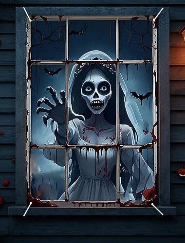  halloween fönstergardin läskigt skelett som kikar genom fönster, läskigt, läskigt dörrskydd, fönsterskydd, väggtapet för 2025 halloween spökhus läskig heminredning