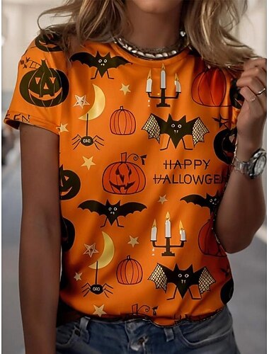  Halloween Жен. Футболка Цветочный принт Графика Черепа Винтаж Стиль Классика С короткими рукавами Вырез под горло Круглый вырез Обычные топы Повседневные выходные С принтом