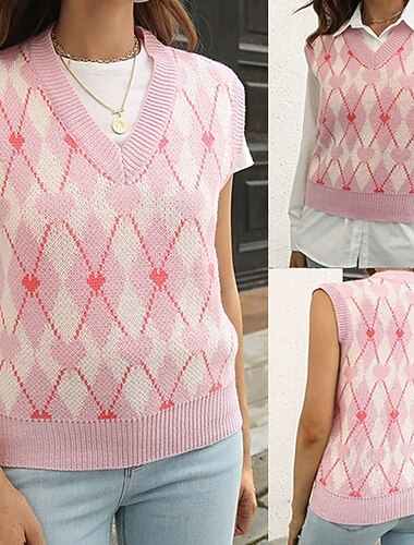  Per donna Maglione Casual Rombi Spesso Scollo a V Lavorato a maglia Senza Maniche Top Regolari Maglia Quotidiano Ferie Uscire Rosa Autunno Inverno