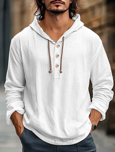  Per uomo Camicia Camicia di lino Abbigliamento da spiaggia Camicia con Bottoni Camicia con cappuccio Semplice Vacanza Casuale Bianco Blu Verde militare Grigio Manica Lunga Con Cappuccio Estate