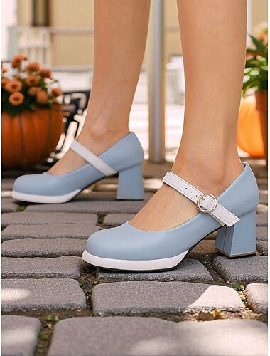  damskie buty na obcasie typu Mary Jane z lat 50. - retro, niebiesko-białe, okrągłe, grube buty na obcasie z paskiem, idealne na stylizacje w stylu vintage, przyjęcia herbaciane lub na co dzień