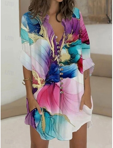  Per donna Mini Abito Abito a trapezio Abito aderente Vacanza Casual Feste Quotidiano Data Vestibilità regolare Ombre Floreale Grafico Manica Lunga Colletto a Camicia Bianco Estate Primavera Autunno