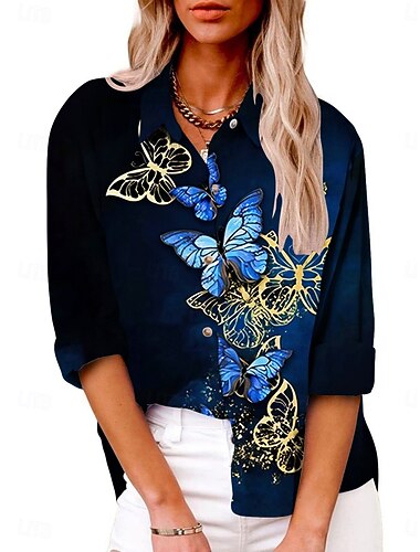  Per donna Camicia Farfalla Attivo Quotidiano Elegante Manica Lunga Colletto a Camicia Top Regolari Quotidiano Ferie Bottoni Stampato Nero Rosa Viola Estate Primavera Autunno