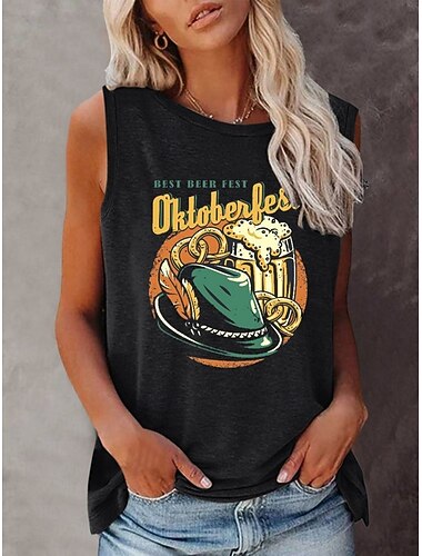  Oktoberfest Dame Camisole Tank Top Bokstaver Daglig Fritid Ermeløs Crew-hals Vanlige topper Daglig Trykt mønster Svart Hvit Vin Navyblå Sommer Vår