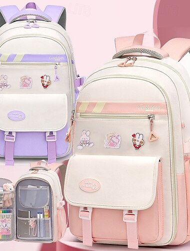  Zaino scolastico per ragazze di grande capacità con graziose spille, zaino impermeabile leggero multi-scomparto per studenti delle scuole elementari e medie, disponibile in rosa e viola