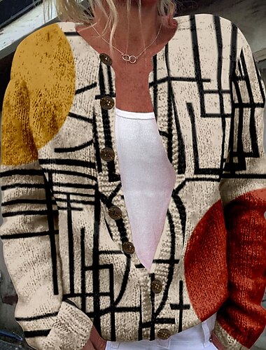  Per donna Felpa Cardigan Moda Streetwear Quotidiano Geometrico A righe A Coste Aperto davanti Lavorato a maglia Manica Lunga Top Regolari Maglia Ferie Uscire Weekend Bianco Marrone Autunno Inverno