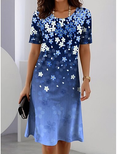  Damen Elegantes Partykleid Abendkleid Midi Kleid Rundhals Kurzarm Shift Kleid Sommerkleid Lässig Alltag Regulär Passform Floral Grafik Rot Blau Lila Grün Sommer Frühling