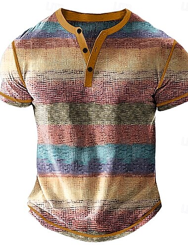  Pánské Duhová Proužky Tričko Henley Waffle Tričko Krátký rukáv Denní Retro Klasické Outdoorové sporty Ležérní Dovolená Jaro léto Celý rok Vodní modrá Fialová Khaki Světle šedá Henley Tričko Henley