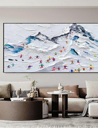  ציור שמן גדול בעבודת יד, גולשי סקי על מושלג, ציור שמן, פסגות, מעילים תוססים, מדרון אלפיני בעל מרקם, אמנות קיר, עיצוב חדר מודרני