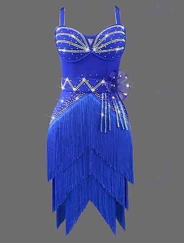  Vestido de baile latino con borlas de diamantes de imitación para mujer, ropa de competición para bailar salsa, sin mangas, para rumba, chachachá, samba, fiesta, escenario, práctica de baile