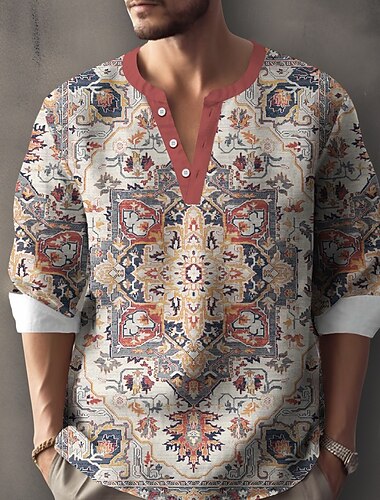  男性用 ペルシャの花柄 シャツ ヘンリーシャツ チュニック 長袖 エスニック ボヘミアン アウトドア バケーション 日常 夏 春 Ｖネック ボタンアップ 3Dプリント リネンライクシャツ ライト