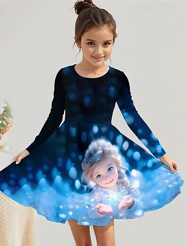  Mädchen' 3D Cartoon Kleid Langarm Sommer Frühling Urlaub Täglich Ferien Prinzessin Schön Süß Kinder 4-12 Jahre Freizeitkleid A Linie Kleid Knielang Normale Passform