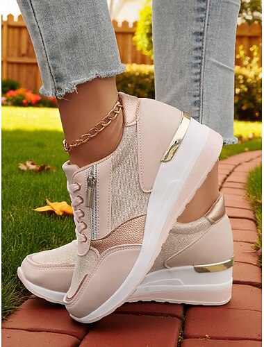  Baskets compensées à lacets doré métallisé pour femme avec détail zippé – chaussures de marche élégantes et confortables pour le quotidien, les sorties décontractées et les voyages