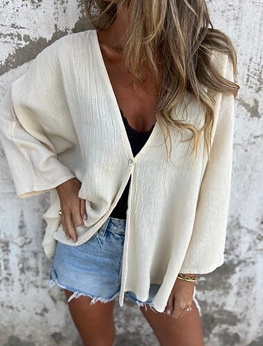  Γυναικεία Πουκάμισο Μπλούζα με υφή Βαμβακερό λινό πουκάμισο Σκέτο Στυλάτο Μοντέρνα Μακρυμάνικο Λαιμόκοψη V Κανονικά μπλουζάκια Καθημερινά Αργίες Κουμπιά Μαύρο Καμηλό Καφέ Πράσινο του τριφυλλιού Μπεζ