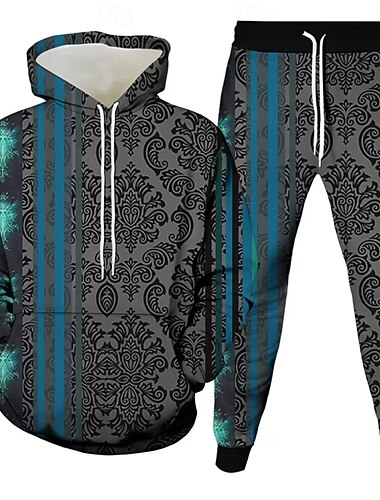  Herre Grafisk Farveblok Stribet 2stk 3D sweatshirt sæt Træningsdragt Hættetrøje Langærmet Lange bukser Hætte Afslappet Hverdag Moderne atletiktøj 3D-udskrivning Forår Efterår Vinter Grå Blå Rød