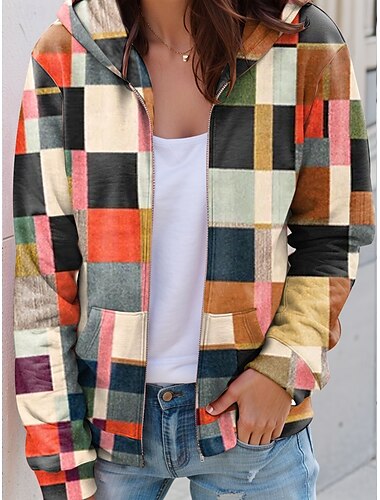  Per donna Felpe con cappuccio Grafico Plaid Moda Casual Manica Lunga Con Cappuccio Top Regolari Streetwear Abbigliamento Quotidiano Cerniera Tasca Stampato Bianco Blu Viola Arancione Verde Primavera