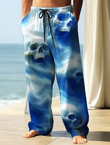  Voor heren Broek Wijde broek Vrijetijdsbroek Elastische tailleband met trekkoord Linnen broek met zakken Doodskoppen Volledige lengte Feestdagen Streetwear Donkere punkgotiek Lichtgroen blauw