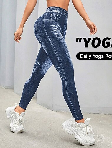  Γυναικεία Τζιν με εκτύπωση Denim Γιόγκα κολάν Έλεγχος κοιλιάς Ψηλή Μέση Γυμναστήριο Χορού Αθλητικά Παντελόνια Φούστες Μπλε Φθινόπωρο Αθλητισμός Ρούχα Γυμναστικής Στενή εφαρμογή
