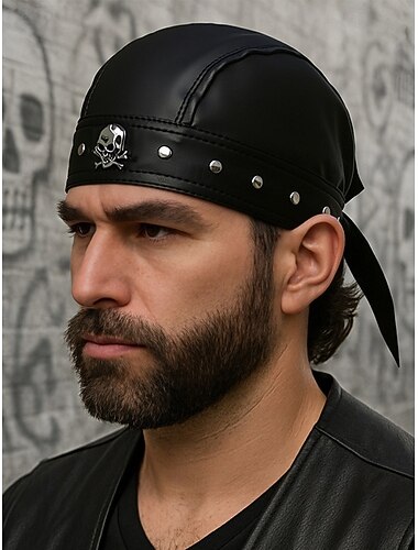  Copricapo da pirata in finta pelle da uomo con teschio – cappello bandana per costume di Halloween per motociclisti, cosplay e abbigliamento per feste gotiche