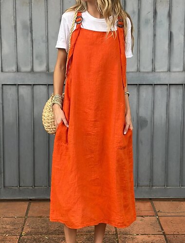  Dámské Midi šaty Bavlněné plátěné šaty Slip Dress Klasické Moderní Dovolená Víkend Běžný Bez vzoru Bez rukávů Hranatý Černá Bílá Žlutá Rubínově červená Léto