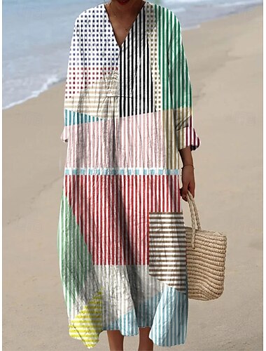  Per donna Abito maxi Vestito Estivo Abito a trapezio Vacanza Casual Boho Uscire Spiaggia Grafico Geometrico Astratto Manica Lunga Scollo a V Giallo scuro Nero Verde chiaro Rosa Estate Primavera