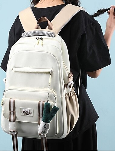  Mochila de volta às aulas para meninas adolescentes – linda mochila escolar estética com chaveiro de pelúcia, mochila leve com vários bolsos para o ensino fundamental e médio