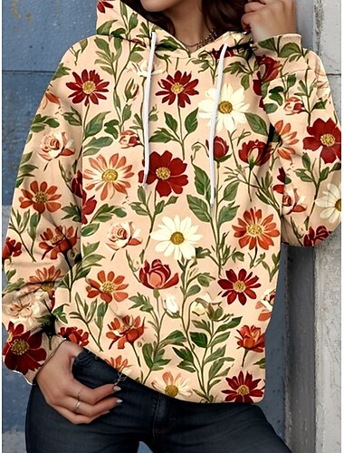  Damen Kapuzenpullover Blumen Grafik Elegant Warm Aktiv Langarm Mit Kapuze Normale Oberteile Straße Alltagskleidung Lässig Druck Kastanienbraun Frühling Herbst Winter