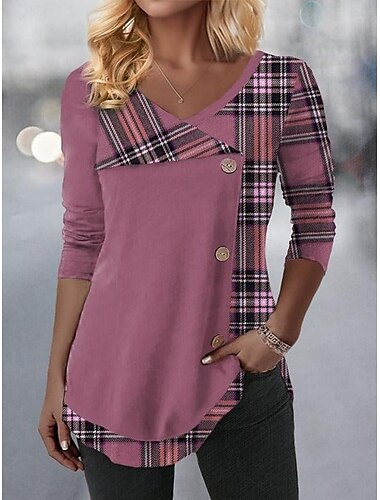  Per donna Blusa Plaid Elegante Casual Manica Lunga Scollo a V Top Regolari Quotidiano Bottoni Stampato Rosa Blu Viola Verde Primavera Autunno