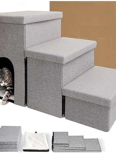  Dog Stairs with Storage 17.5" H, 3-Step Wider Dog Steps for Large/Medium/Small Older Dogs Cats, Folding Sturdy Pet Stairs Climbing Bed or Couch, Ramp for Car Up to 200 lbs