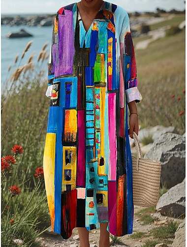  Per donna Abito Midi Vestito Estivo Abito a Tubino Vacanza Casual Spiaggia Uscire Spiaggia Vestibilità comoda Grafico Geometrico Astratto Manica Lunga Scollo a V Rosa Blu Arancione Estate Primavera