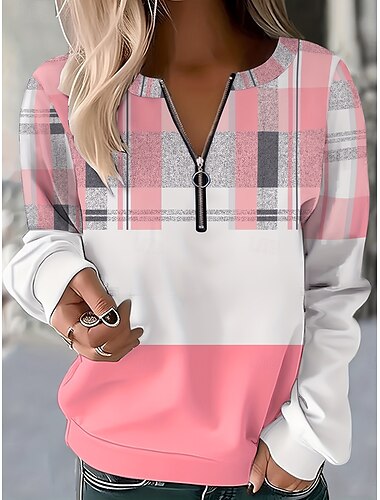  Damskie Bluza z kapturem Bluzy z zamkiem błyskawicznym Graficzny Kratka Moda Codzienny Długi rękaw Półgolf Zwykłe topy Ulica Na co dzień Zamek Nadruk Rumiany róż Jesień Zima