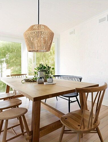  Boho Vintage Rattan Pendelleuchte, rustikaler Landhausstil, 27cm Höhe, warmweißes/weißes Licht, E26/E27, verstellbare Kette
