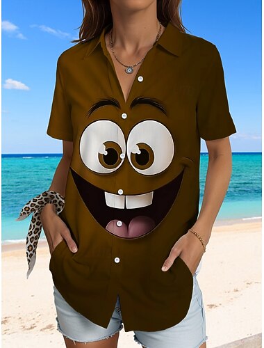  レディースシャツ 長袖 ボタンダウンブラウス グラフィック 3D ヴィンテージ トロピカル デイリー 短袖 シャツカラー レギュラー トップス デイリー 黄色 青 茶色 夏 春