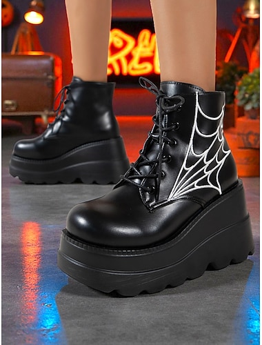  Bottes à plateforme noires pour femmes avec motif toile d'araignée - Bottines à lacets épaisses pour Halloween, cosplay et bals masqués, style punk et gothique, confortables à porter toute la journée