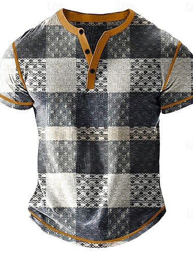  Per uomo Grafico Plaid Maglia Henley Maglietta a nido d'ape Manica Corta Quotidiano Retrò Vintage Classico Sport all'Aperto Casuale Ferie Primavera & Estate Tutte le stagioni Grigio scuro Blu chiaro
