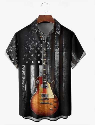  Homens Diretores de bordo Guitarra Instrumento Musical Camisa Social camisa de verão camisa de botão Manga Curta Vintage retrô Ao ar livre Férias Dia a Dia Verão Primavera Aberto para a Lateral