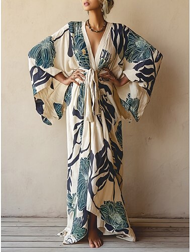  γυναικείο μακρύ φόρεμα μάξι φόρεμα boho φόρεμα casual φόρεμα swing καλοκαιρινό φόρεμα vintage διακοπές καθημερινό παραλία κανονική εφαρμογή φλοράλ μακρυμάνικο λαιμόκοψη V μπλε καλοκαίρι άνοιξη φθινόπωρο