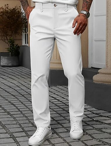  Herren Anzughose Hose Chinos Tasche Knöpfe Einfach Komfort Formell Party Arbeit Mode Klassicher Stil Schwarz Weiß Mikroelastisch