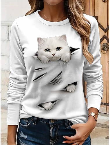  טי שירט נשים עם צוואר עגול שרוולים ארוכים טוניקה גרפית חייתית חתול וינטאג' אלגנטי קלאסי טופים רגילים להדפס סופי שבוע שחור ולבן שחור לבן צהוב ורוד אביב סתיו