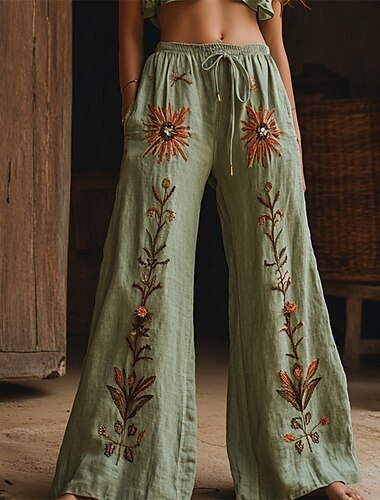  Women's Wide Leg Pants Trousers Palazzo Pants Fashion Boho Full Length High Waist Flower Elastic Waist Drawstring Print Breathability Comfortable Street Daily Wear Going out Green Spring Fall Regular
