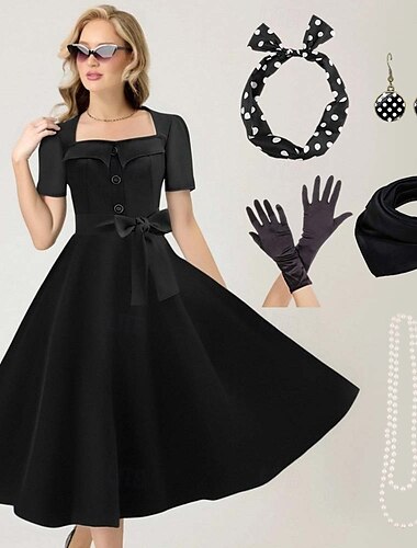  vestido feminino evasê rockabilly vestido de bolinhas vestido de balanço com acessórios conjunto anos 1950 anos 60 retrô vintage com faixa na cabeça brincos de chiffon cachecol óculos de gato óculos