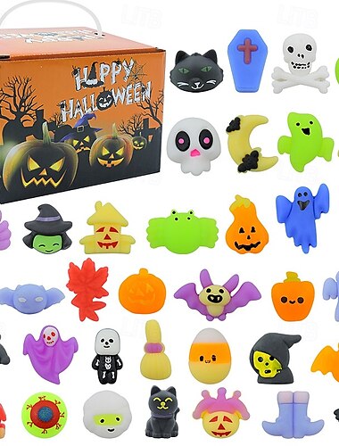  24/48個のハロウィンもちスクイーズおもちゃ、ギフトボックス付き、ミニかわいいもちスクイーズおもちゃ、ストレス解消、不安解消パック、子供用パーティーの記念品、ハロウィンミニチュア、ハロウィントリートバッグ、ギフト