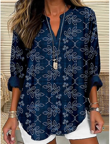  Per donna Camicia Floreale Vintage Quotidiano Casual Manica Lunga Scollo a V Top Regolari Quotidiano Ferie Bottoni Stampato Nero Blu marino Primavera Autunno
