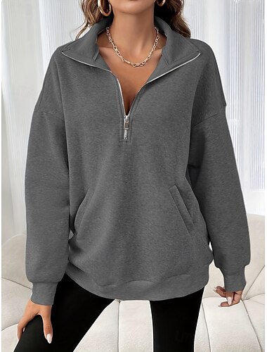  Mulheres Moletom Tecido Casual Manga Longa Gola Alta Tops regulares Rua Dia a Dia Patchwork Zíper Preto Fúcsia Cinzento Escuro Bege Cinzento Outono Inverno
