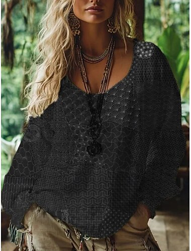  Per donna Blusa Floreale Vintage Quotidiano Casual Manica Lunga Scollo a V Top Regolari Quotidiano Ferie Stampato Nero Blu marino Estate Primavera Autunno