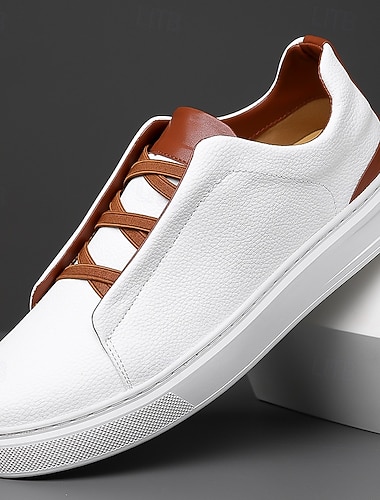 Pánské bílé ležérní tenisky s hnědými akcenty, pohodlné boty pro každodenní použití do kanceláře i na cesty   Pánské bílé ležérní tenisky s hnědými akcenty, pohodlné boty pro každodenní použití do kanceláře i na cesty